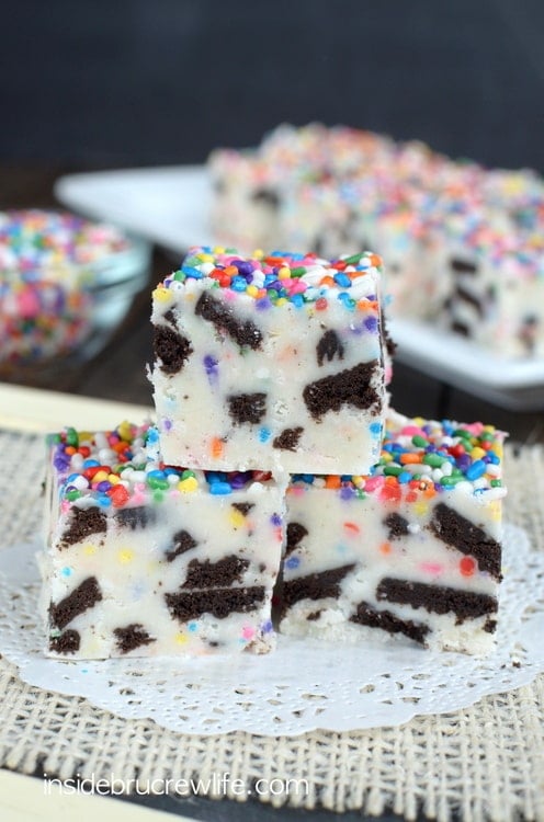 This easy vanilla fudge is loaded with Oreo cookies and sprinkles making it so fun to eat and share