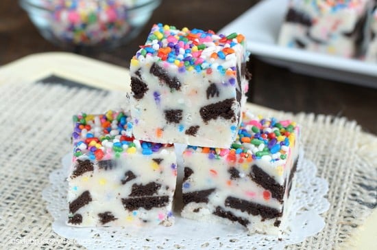This easy vanilla fudge is loaded with Oreo cookies and sprinkles making it so fun to eat and share