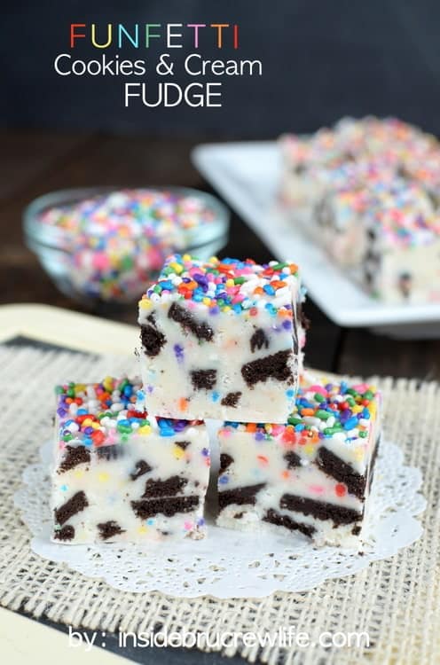 This easy vanilla fudge is loaded with Oreo cookies and sprinkles making it so fun to eat and share