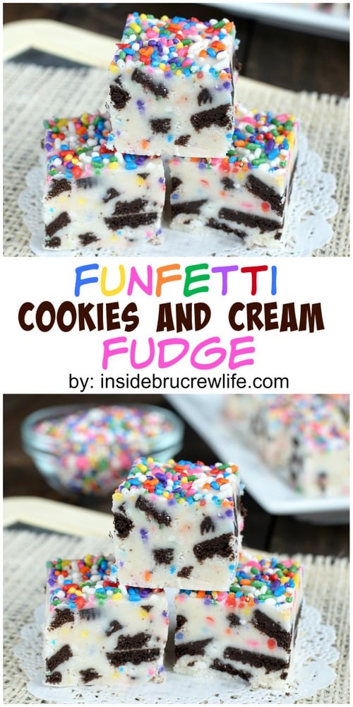 This easy vanilla fudge is loaded with Oreo cookies and sprinkles making it so fun to eat and share