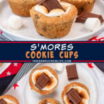 Two pictures of s'mores cookie cups collaged with a dark blue text box.