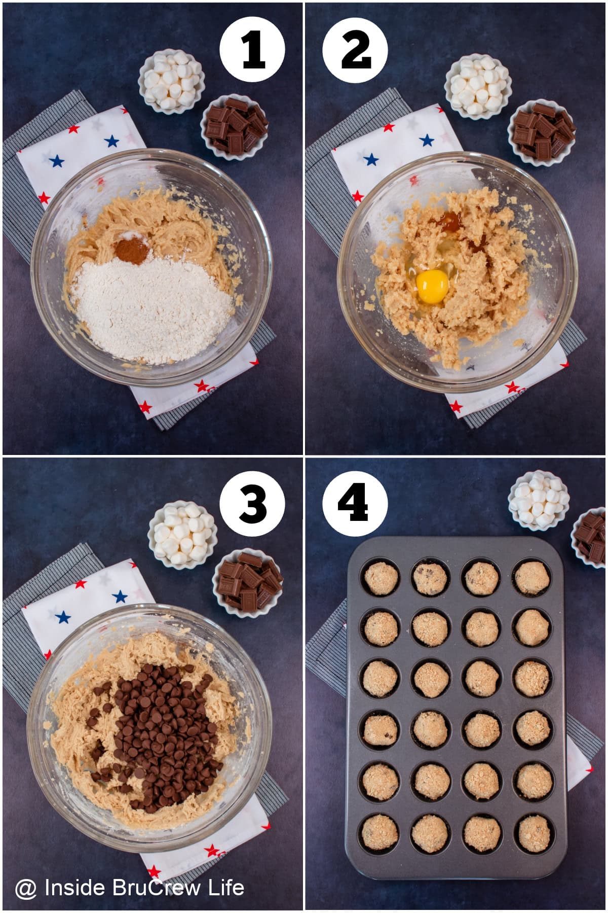 Four pictures collaged together showing how to make cookie cups.