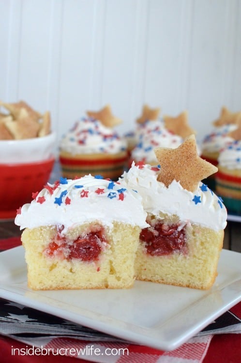 Vanilla Cherry Pie Cupcakes - homemade vanilla cupcakes with a hidden pocket of cherry pie filling. Fun recipe for summer picnics!