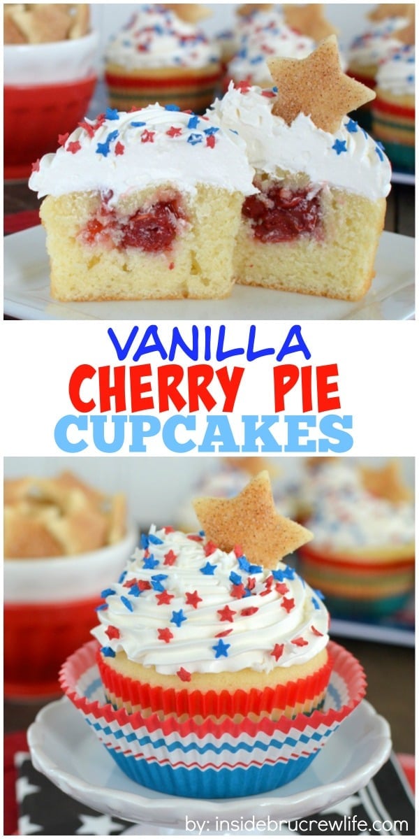 Vanilla Cherry Pie Cupcakes - a hidden cherry pie filling makes these easy homemade cupcakes a delicious summer treat! Great recipe for picnics and parties!