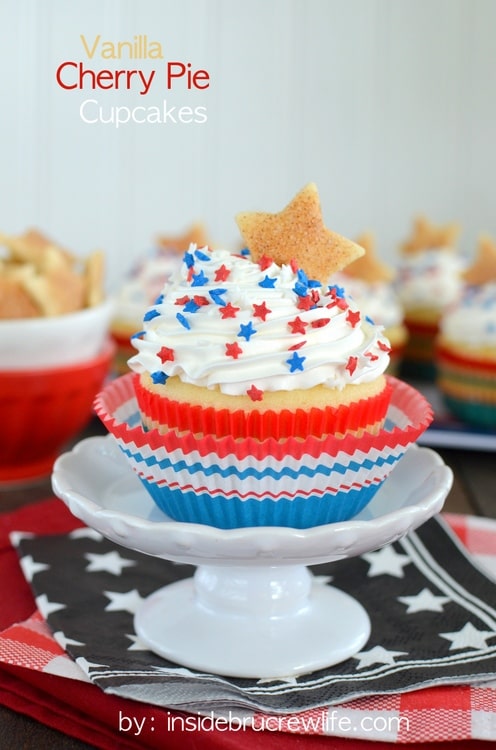 Vanilla Cherry Pie Cupcakes - a hidden cherry center makes these homemade cupcakes a fun treat for summer picnics!