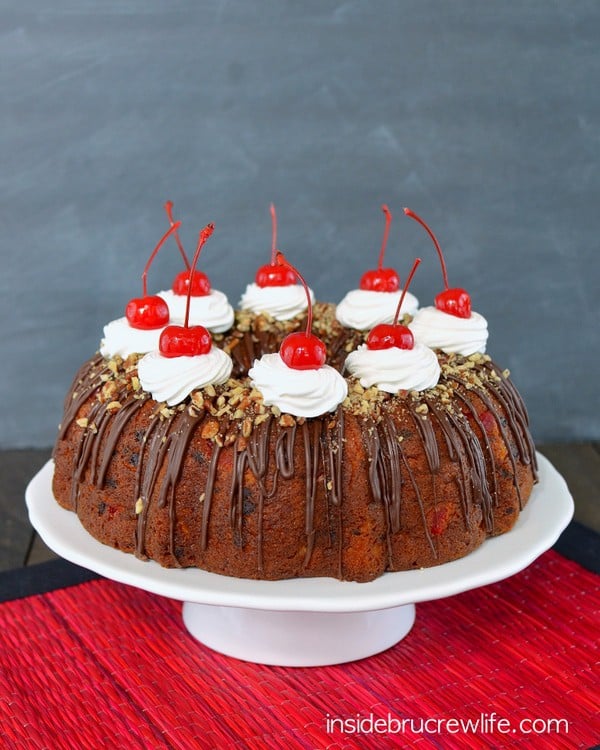 Adding cherries, chocolate chips, and ice cream make this banana split bundt cake an amazing treat!