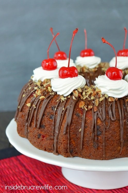 Adding cherries, chocolate chips, and ice cream make this banana split bundt cake an amazing treat!