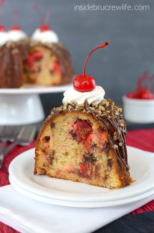 Adding cherries, chocolate chips, and ice cream make this banana split bundt cake an amazing treat!