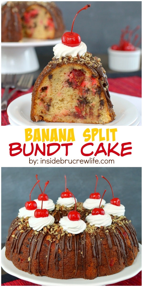 Adding cherries, chocolate chips, and ice cream make this banana split bundt cake an amazing treat!