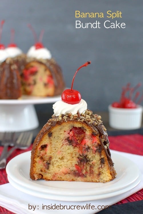 Adding cherries, chocolate chips, and ice cream make this banana split bundt cake an amazing treat!