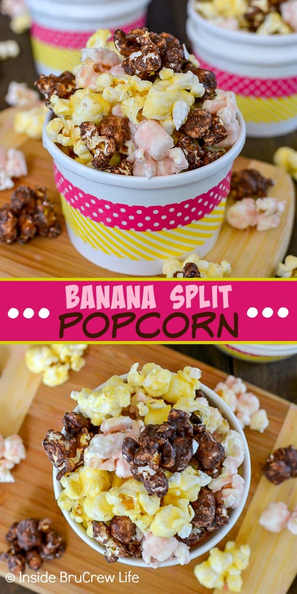 Two pictures of chocolate, strawberry, and banana popcorn and a pink block with text in the middle