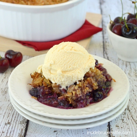 Berry Coconut Crisp - cherries and blueberries topped with a coconut crisp topping