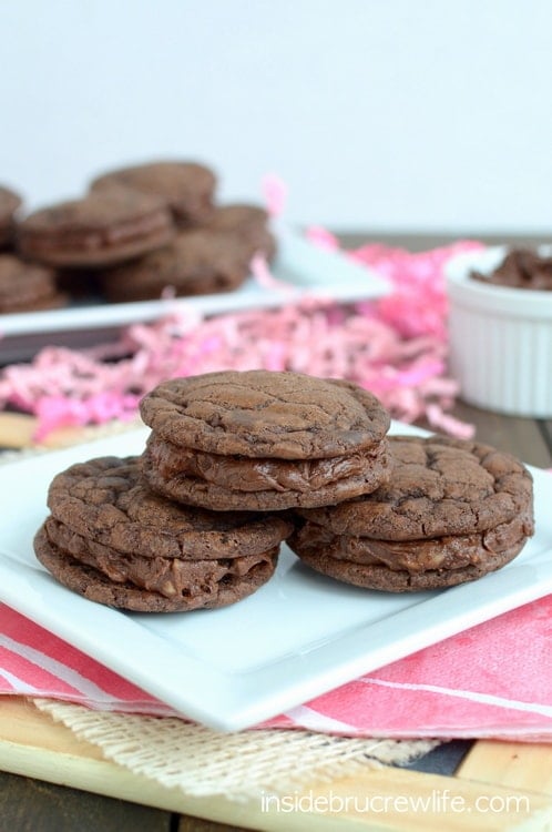 Easy brownie cookies filled with a chocolate toffee frosting...you might not want to share these bad boys!