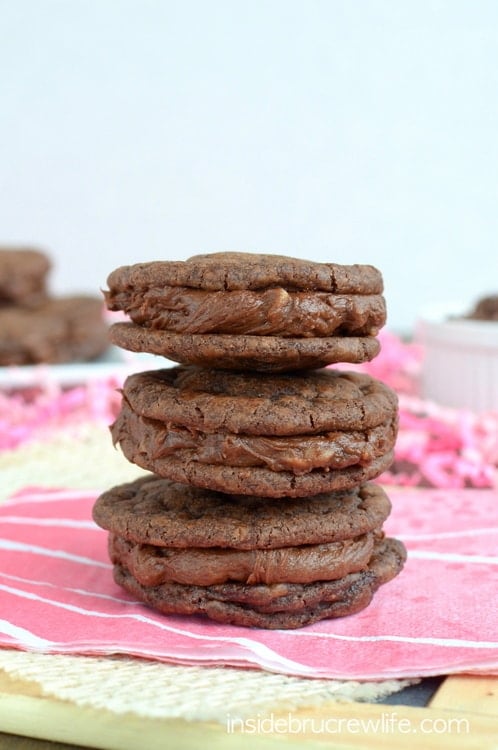 Easy brownie cookies filled with a chocolate toffee frosting...you might not want to share these bad boys!