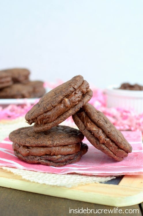 Easy brownie cookies filled with a chocolate toffee frosting...you might not want to share these bad boys!