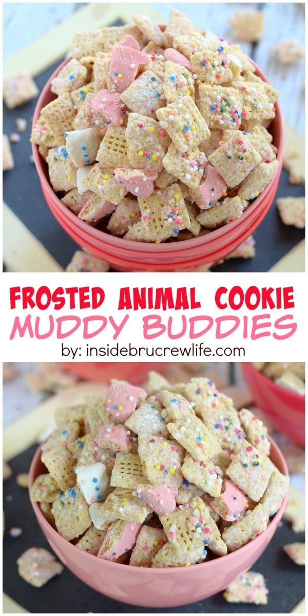 Crushed animal cookies and chocolate coat this easy muddy buddies snack mix.  It will disappear in a hurry!