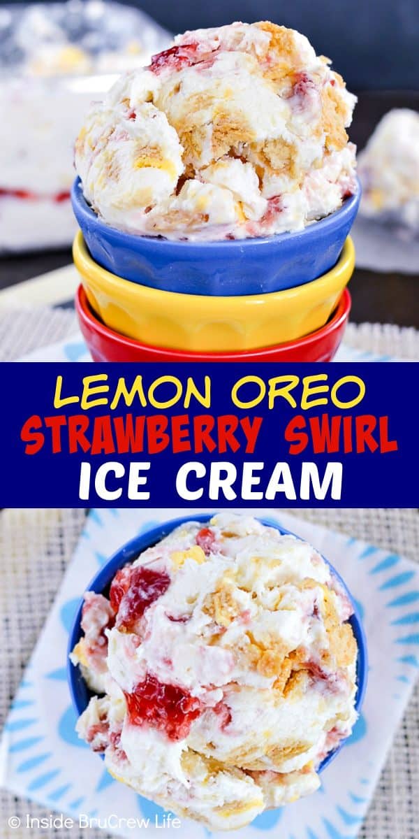 Lemon Oreo Strawberry Swirl Ice Cream - this easy no churn lemon ice cream is loaded with cookie chunks and strawberry swirls. Make this recipe for hot summer days! #icecream #lemon #homemade #nochurn #strawberry #summerdessert 