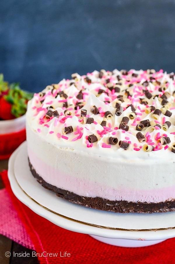 Neapolitan Brownie Ice Cream Cake - homemade brownies and two layers of ice cream creates a delicious ice cream cake. Easy dessert recipe to make for any party! #icecreamcake #brownies #cake #easyrecipe