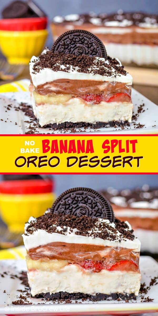 Two pictures of a no bake banana split cheesecake with a yellow text box.