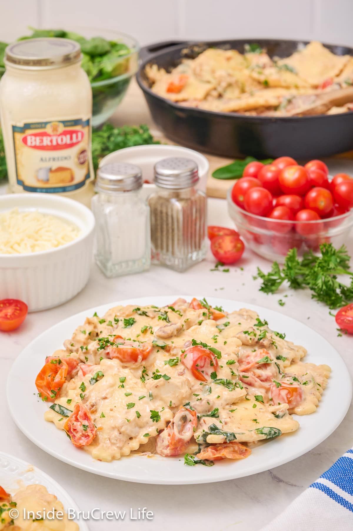 A white plate filled with creamy Alfredo ravioli.