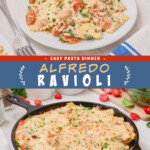 Two pictures of Alfredo ravioli with a blue text box.