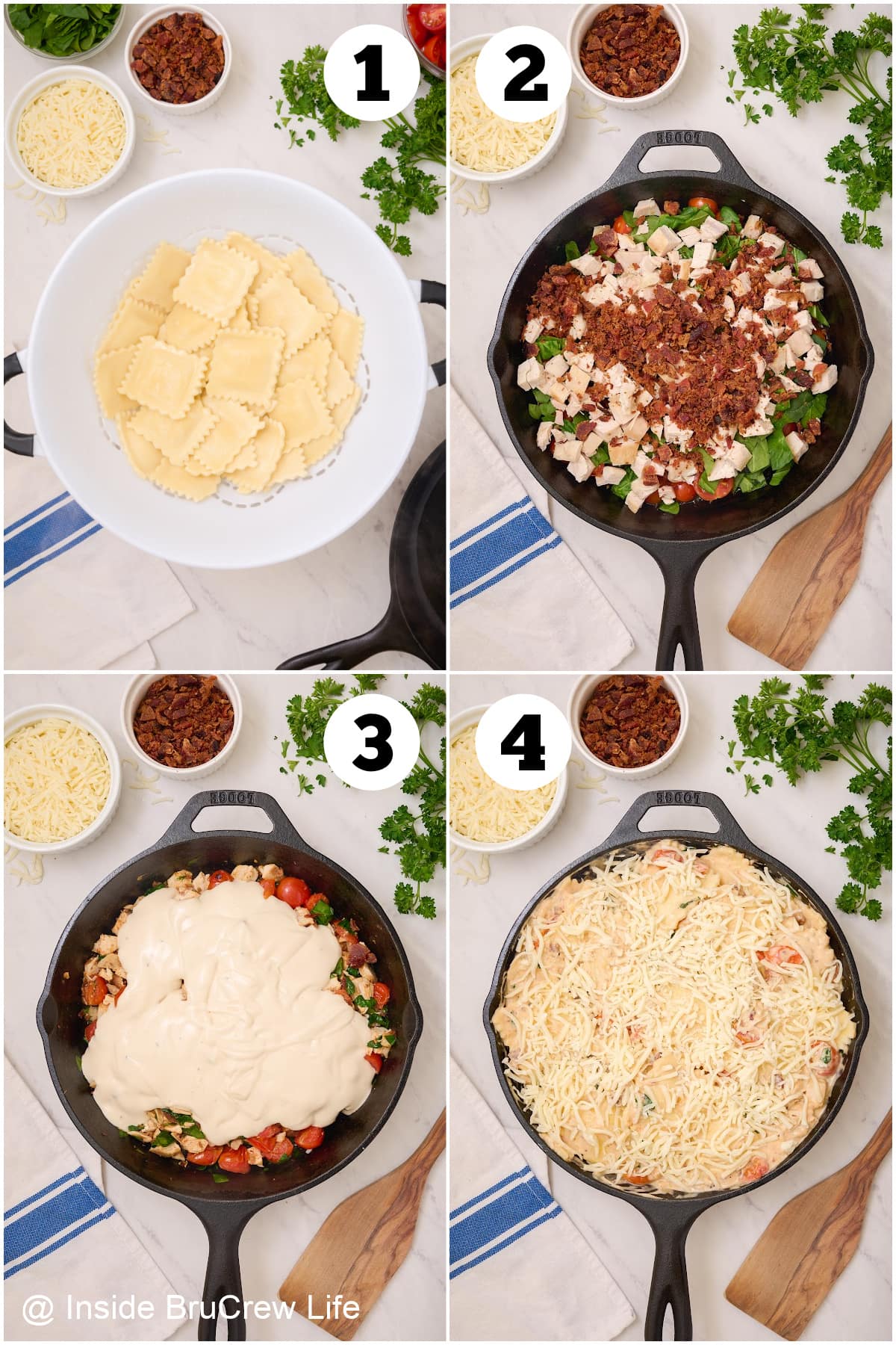 Four pictures collaged together showing how to make ravioli with Alfredo sauce.