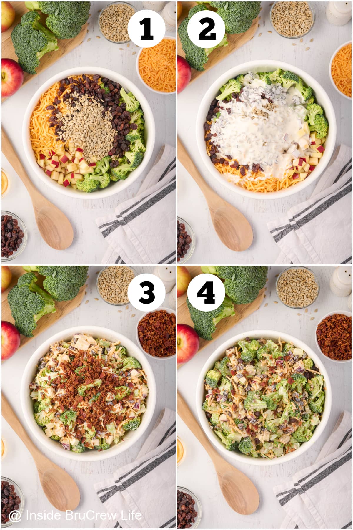 Four pictures showing how to assemble a cold veggie salad.
