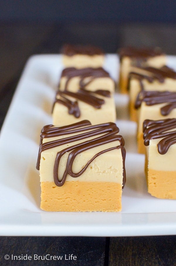 A white plate with fudge squares on it.