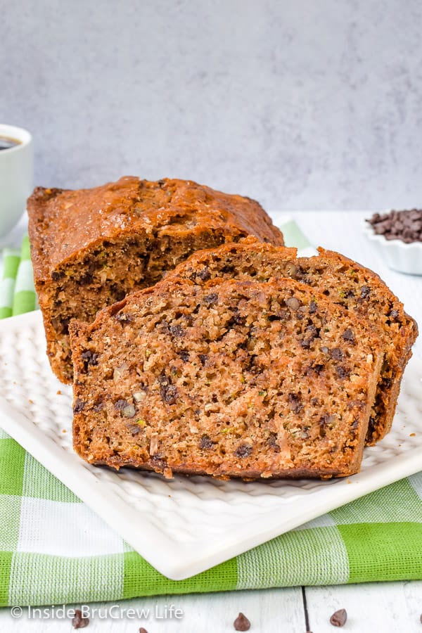 Best Chocolate Chip Zucchini Bread - adding chocolate chips, coconut, and pecans to this easy zucchini bread makes it so amazing. Great recipe to use up the extra veggies from the garden. #zucchini #sweetbread #breakfast #brunch #recipe