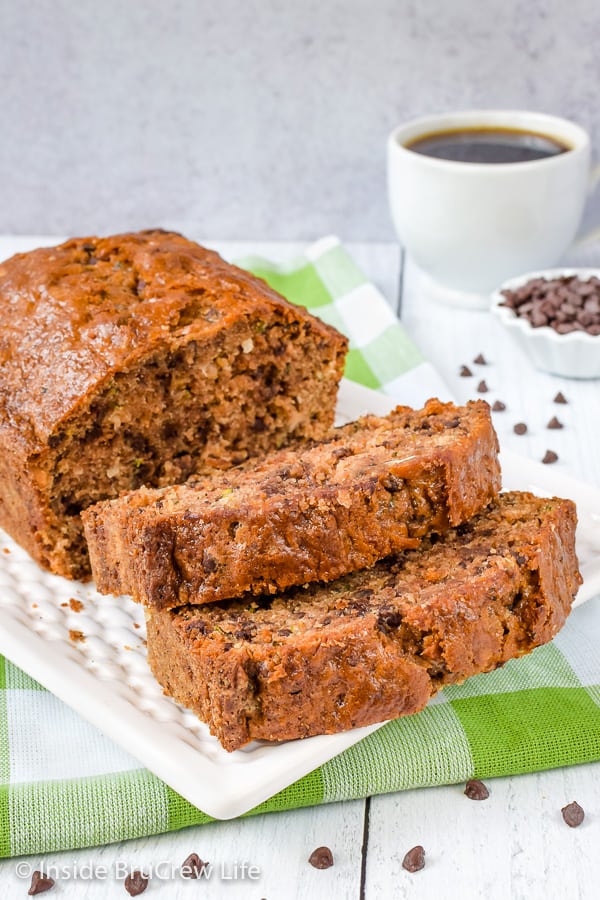 Best Chocolate Chip Zucchini Bread - adding coconut, chocolate chips, and pecans to this sweet zucchini bread makes it the best. Make this easy recipe and enjoy it with your coffee for breakfast. #zucchini #sweetbread #breakfast #brunch #recipe