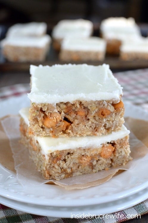 Frosted Butterscotch Zucchini Bars - zucchini and oatmeal bars loaded with butterscotch chips and frosting