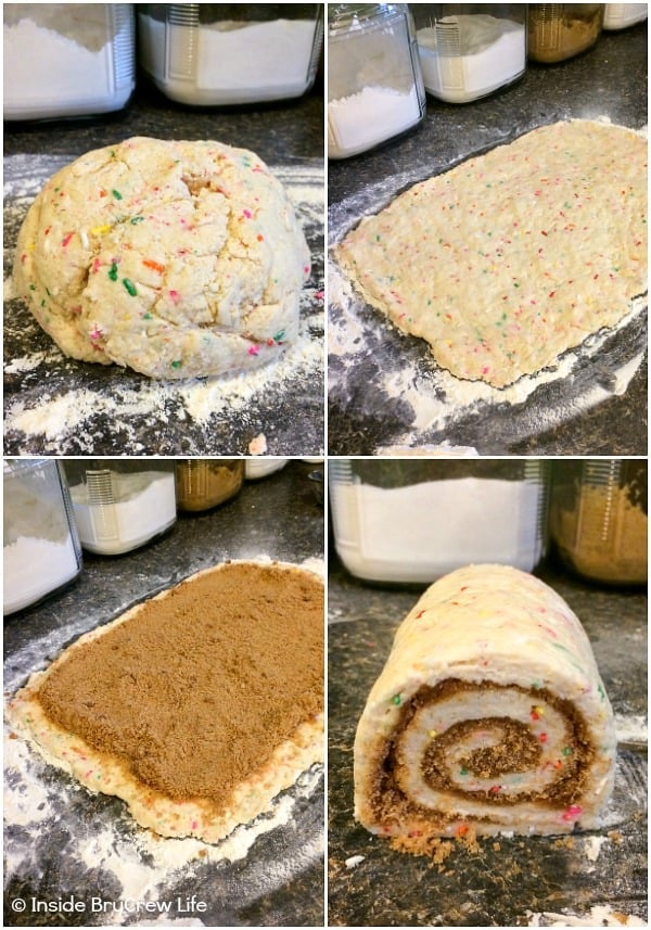 Four pictures collaged together showing the steps to making and rolling the no yeast cinnamon roll dough