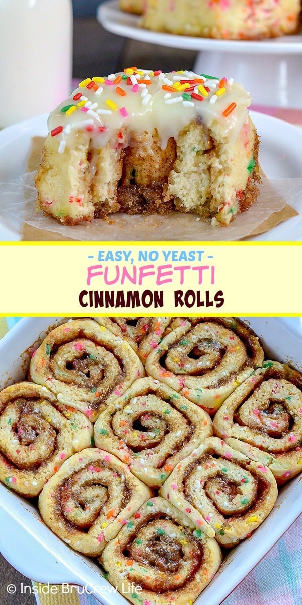 Two pictures of funfetti cinnamon rolls collaged together with a yellow text box