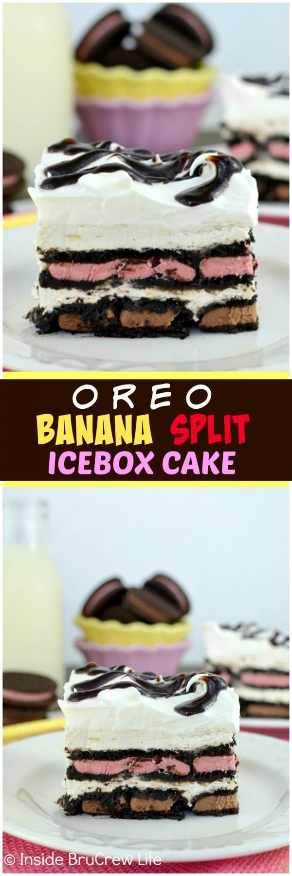 Oreo Banana Split Ice Box Cake - layers of cookies and banana cheesecake makes this an impressive no bake dessert. Awesome picnic recipe.