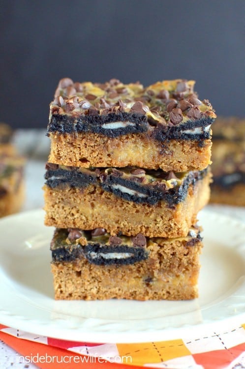 Gooey pumpkin bars topped with Oreo cookies and chocolate chips.  Chocolate and pumpkin are meant for each other!!!