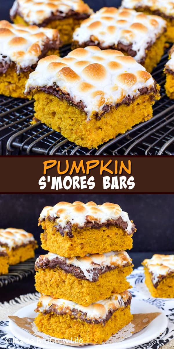 Best Pumpkin S'mores Bars - adding toasted marshmallows and melted chocolate adds a delicious summer flavor to these easy pumpkin bars! Make this recipe for fall parties! #pumpkin #pumpkinbars #smores #chocolate #marshmallow