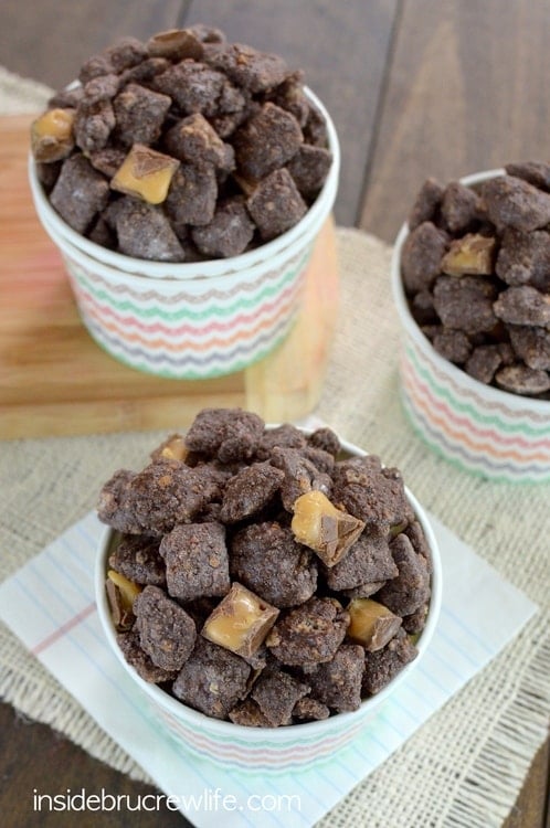 Crushed Salted Caramel Brownie Brittle coats this chocolate covered Chex cereal. This snack mix is so good, so make extra!!!!