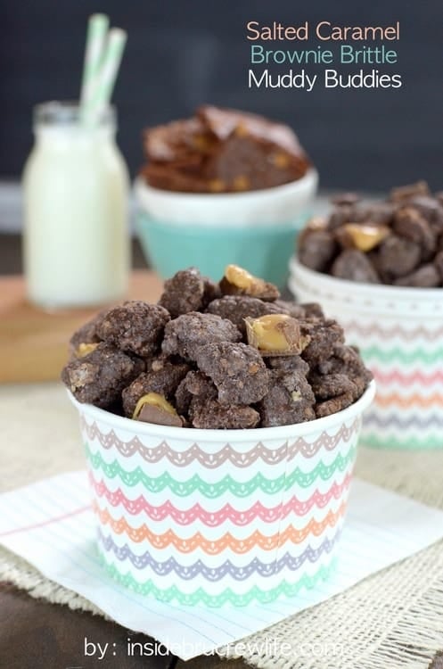 Crushed Salted Caramel Brownie Brittle coats this chocolate covered Chex cereal. This snack mix is so good, so make extra!!!!