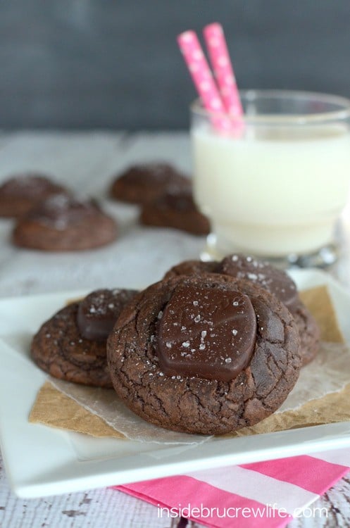 Chewy brownie cookies topped with a salted caramel chocolate candy bar. These are so good!