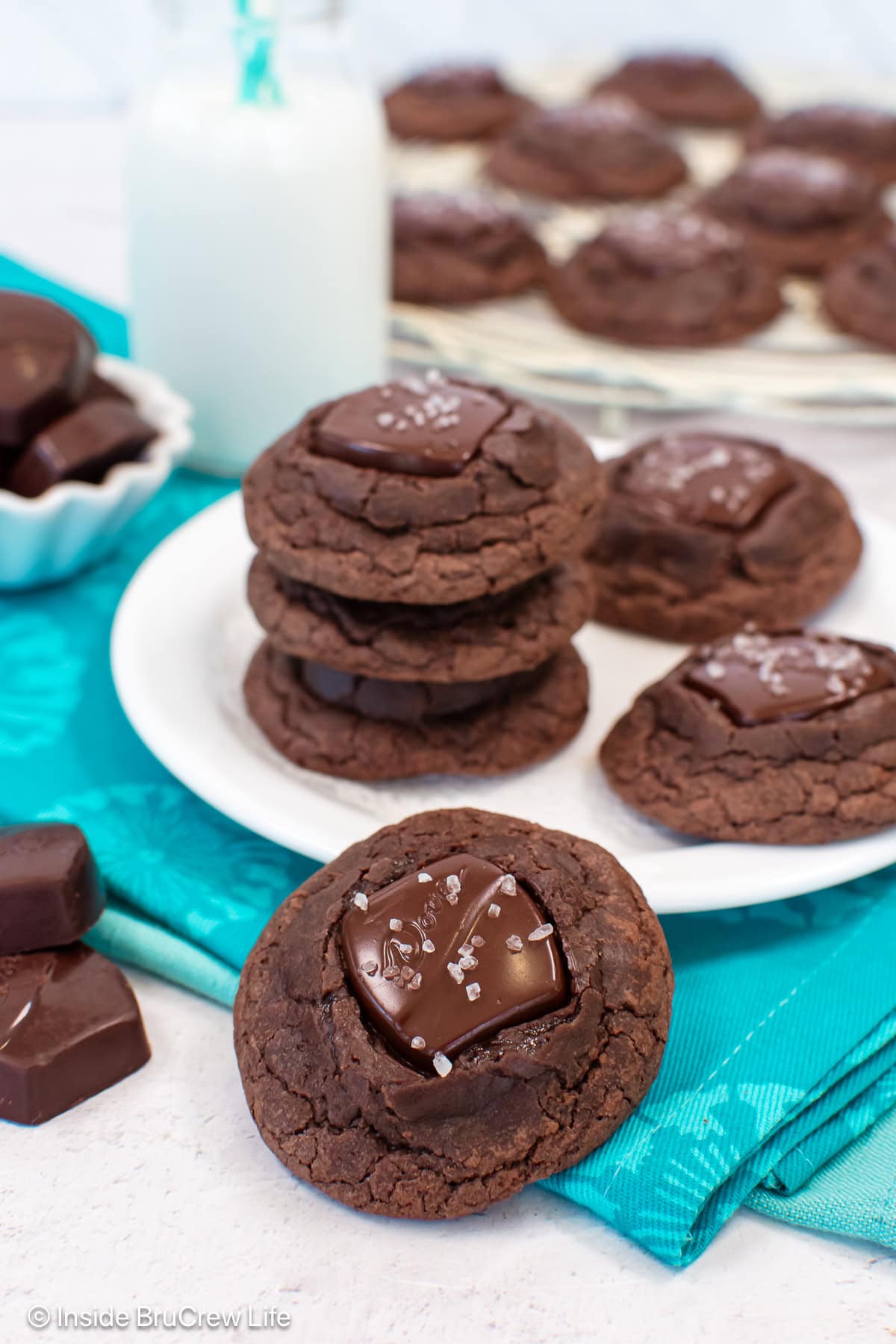 A white plate with a stack of brownie cookies on it and one leaning against it.