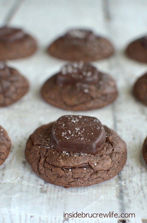 Chewy brownie cookies topped with a salted caramel chocolate candy bar. These are so good!