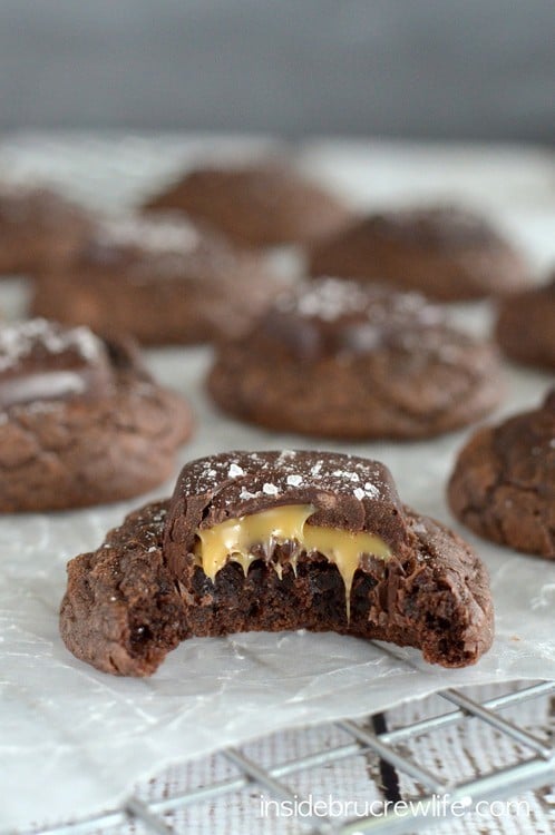 Chewy brownie cookies topped with a salted caramel chocolate candy bar. These are so good!