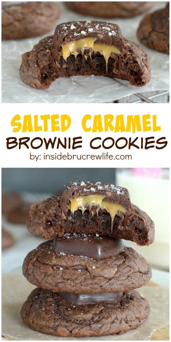Chewy brownie cookies topped with a salted caramel chocolate candy bar. These are so good!