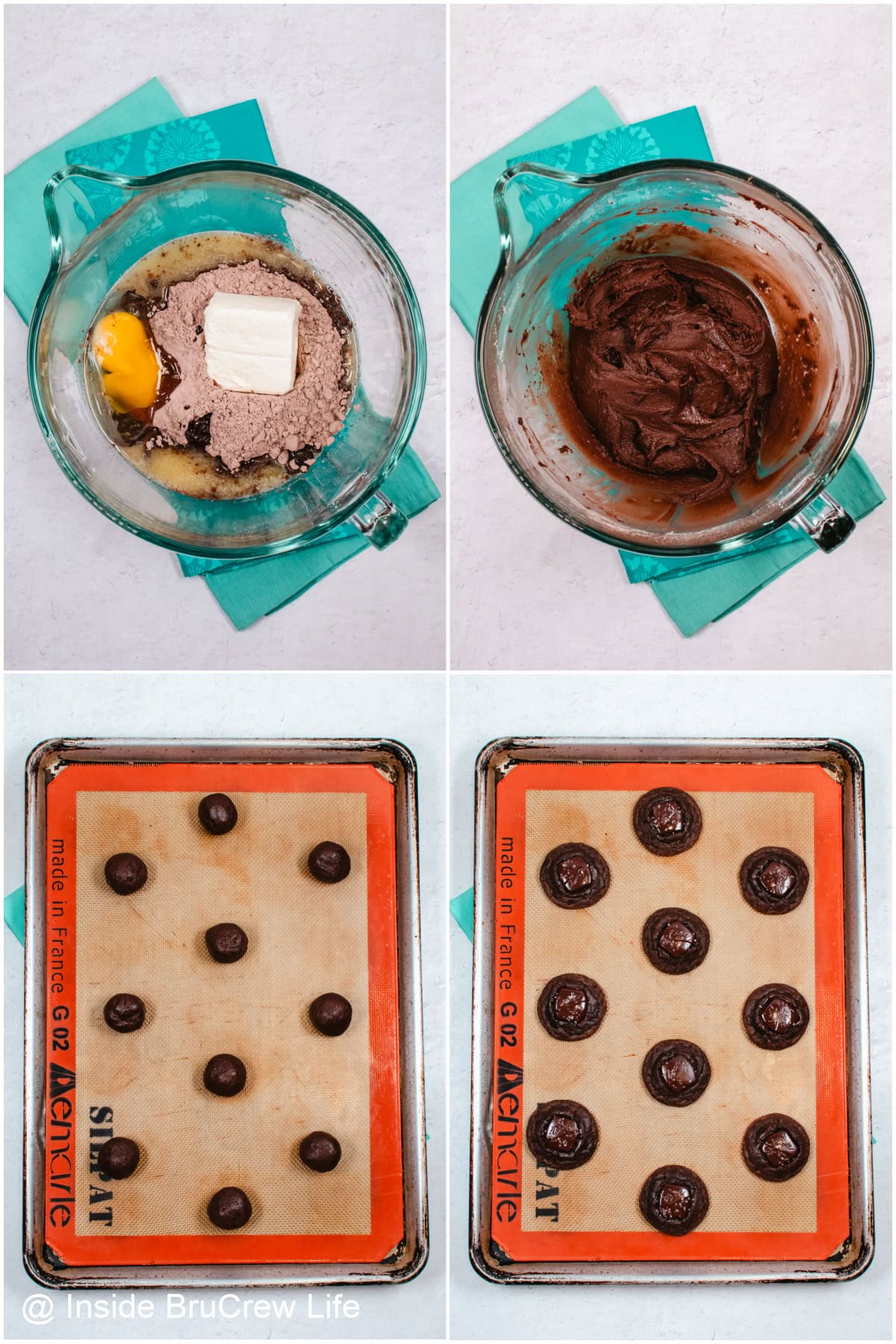 Four pictures showing how to make caramel brownie cookies collaged together.
