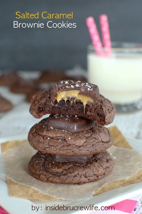 Chewy brownie cookies topped with a salted caramel chocolate candy bar. These are so good!