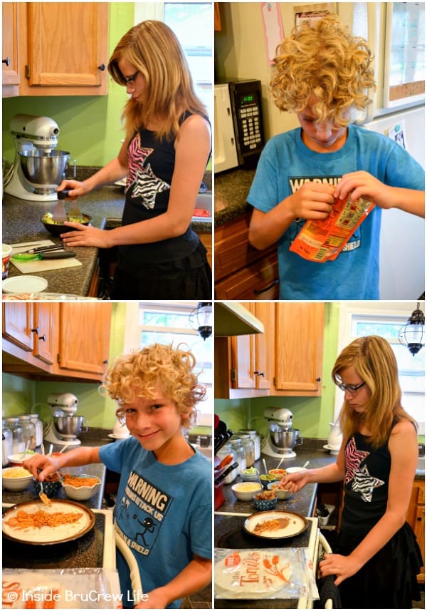 Collage of four pictures of kids helping to make Seven Layer Burritos