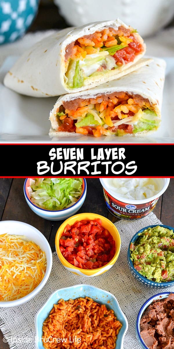 Two pictures of Seven Layer Burritos collaged together with a black text box