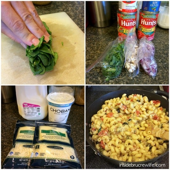 A collage of four pictures showing how to make a veggie pasta bake