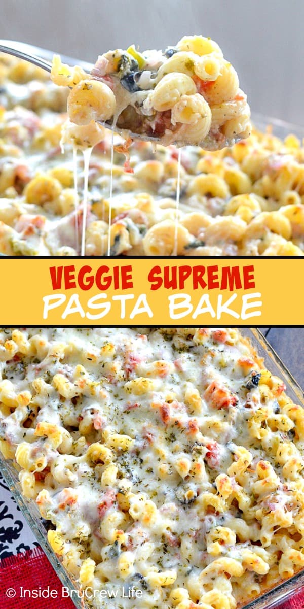 Two pictures of veggie pasta bake collaged together with a yellow text block