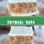 Two pictures of zucchini oatmeal bars collaged with a green text box.